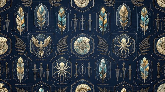seamless pattern with geometric fossils and feathers