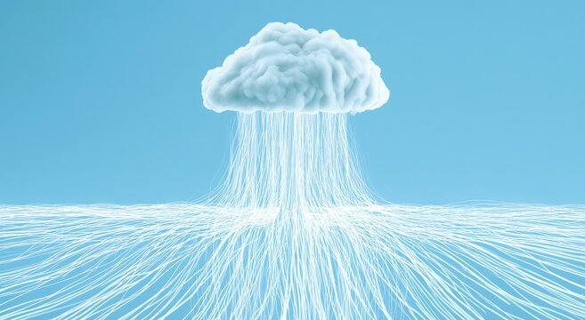 A fluffy white cloud releases streams of light onto a glowing, wavy surface