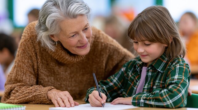 Mentorship in Education: A kind, gray-haired teacher gently guides a young student as they work together on an assignment in a classroom setting, fostering a nurturing learning environment.