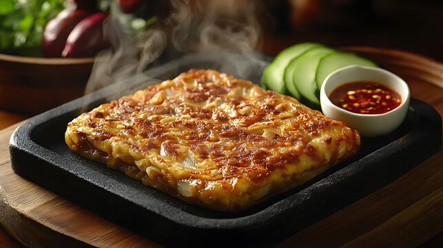 Hot Sizzling Cheese Murtabak with Spicy Sauce.