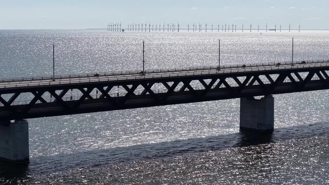 Drone shot of Oresund Bridge between Denmark and Sweden