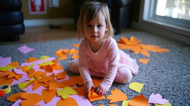 Crafty Toddler in a Colorful Creation: A young child, adorned in a soft pink outfit, sits surrounded by a vibrant assortment of colorful paper shapes, intently engaged in a creative crafting activity.