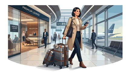 Obraz premium Stylish young woman walking through airport terminal with luggage.