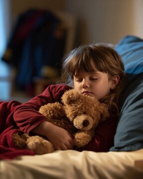 Peaceful Slumber: A young girl peacefully sleeps, hugging her beloved teddy bear, embraced by the soft comfort of her bed. A serene moment of childhood innocence and security.