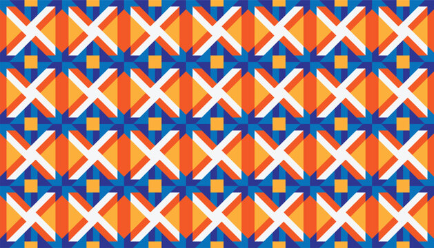 Seamless geometric pattern with abstract X-shaped crosses and square elements in a vibrant multi-colored palette of orange, yellow, blue, and white, modern repeating design.