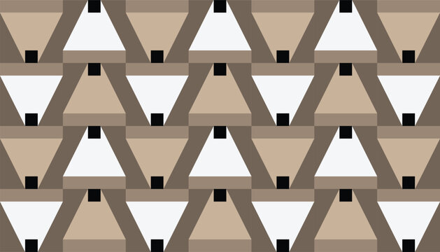 Seamless geometric pattern with abstract triangle and trapezoid shapes in a sophisticated palette of earth tones, beige, brown, and white, modern repeating design.