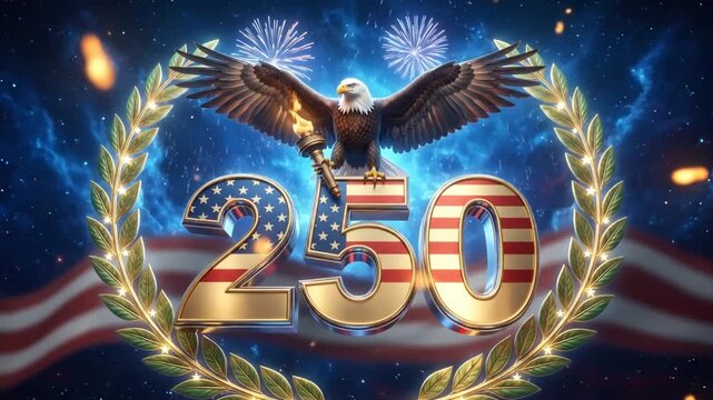 Celebrating 250 Years of American Independence with patriotic symbols and dynamic fireworks display