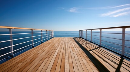 Naklejka premium Expansive wooden deck overlooks calm ocean and clear blue sky