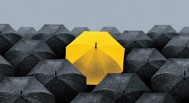 A bright yellow umbrella stands out amongst many dark umbrellas