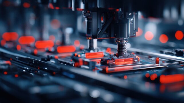 Precision robotic manufacturing process with advanced machinery and glowing red lights
