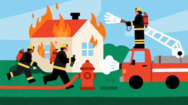 Cartoon illustration of firefighters working together to extinguish fire