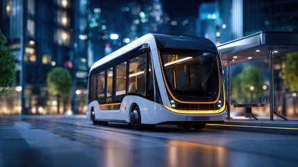 Fototapeta premium Advanced electric city bus with vibrant lighting awaiting passengers at a futuristic urban stop.