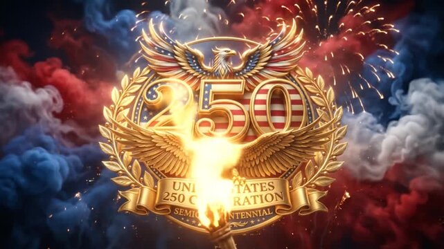 Festive Fireworks and Emblems Celebrating the 250th Anniversary with Patriotic Symbols and Dynamic Colors