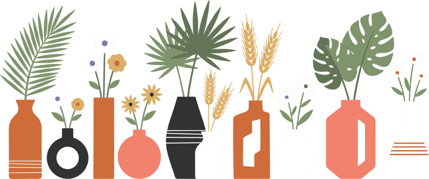 Stylish Modern Vases with Tropical Leaves Flowers and Wheat Vector Illustration Set for Home Decor Boho Interior and Botanical Design Projects