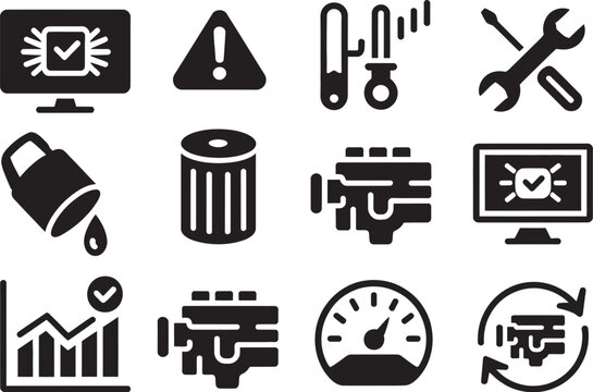 Scan engine, vector icon collection including diagnostic tools, system check indicators, error warnings, and performance level meters in modern flat style suitable for IT monitoring, 