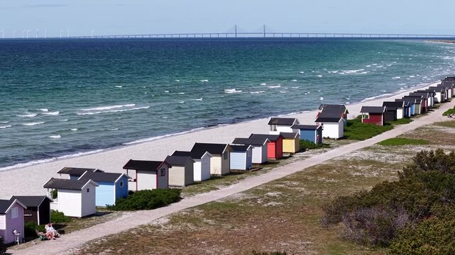 Aerial view of Skanor beach with wooden houses and Oresund Bridge in Sweden