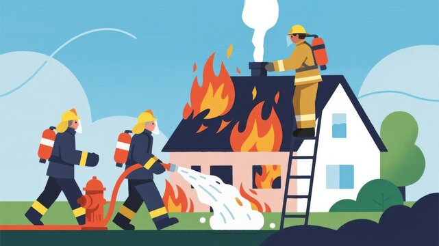 Cartoon illustration of firefighters working together to extinguish fire