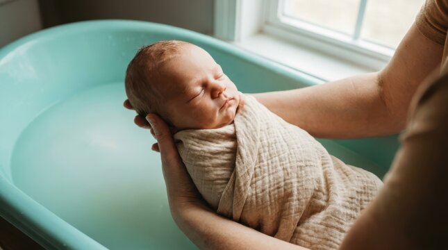 Gentle newborn bath time with parent's loving hands in a serene setting