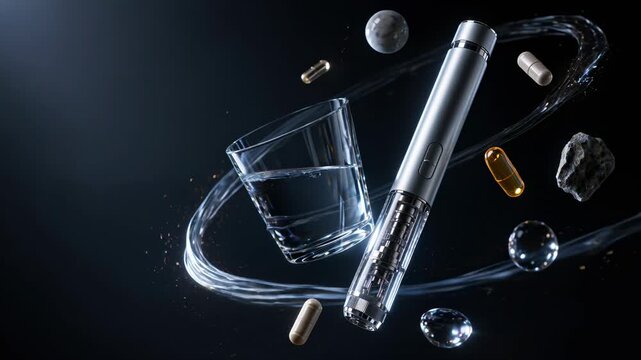 Luxury auto injector pen, glass on dark table, premium lifestyle and modern therapy concept, animation. Glp-1