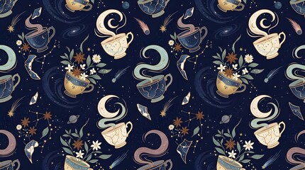 Naklejka premium celestial tea cups pattern on dark blue background