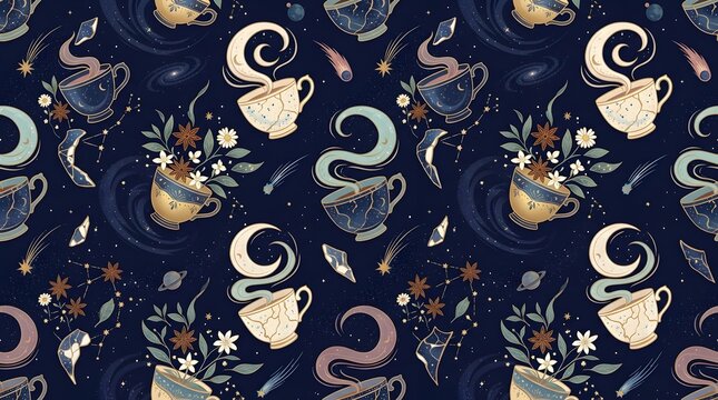 celestial tea cups pattern on dark blue background