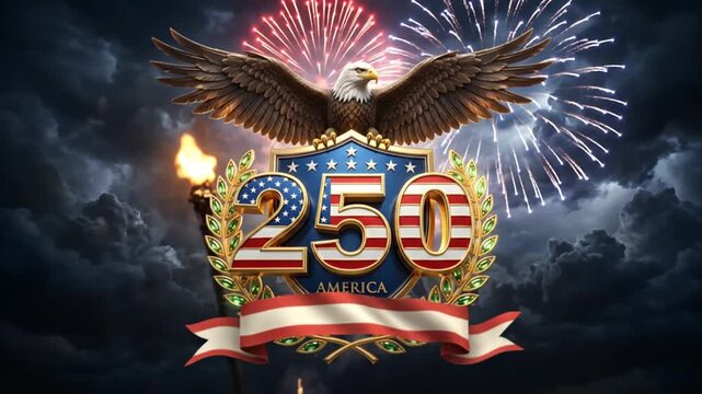 Celebration of America's 250th Anniversary with patriotic emblems and fireworks display in a dark cloudy sky