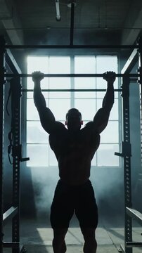 Muscular man performing pull ups on horizontal bar in gym backlit by window, eye level, slow motion