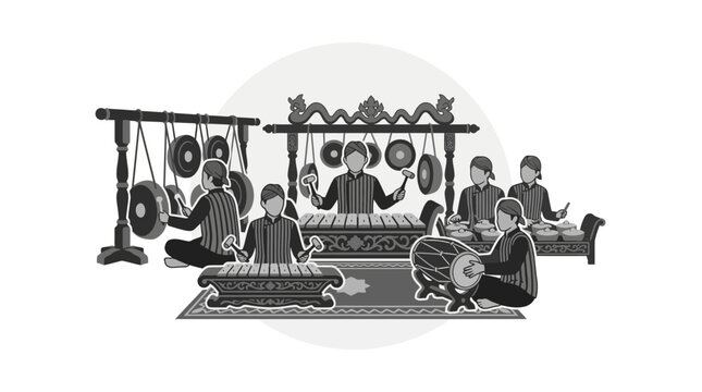 A group of musicians playing traditional Indonesian Gamelan instruments in a monochrome illustration.