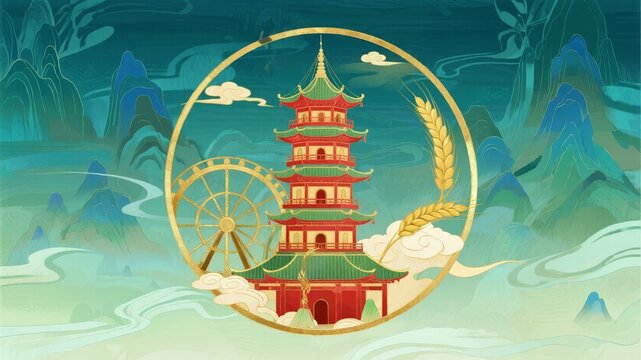 Bamboo frame round window ink painting Jiangnan pavilion lake evening scene