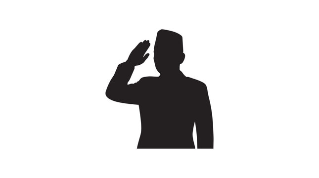 Black silhouette of a man wearing a traditional peci cap saluting.