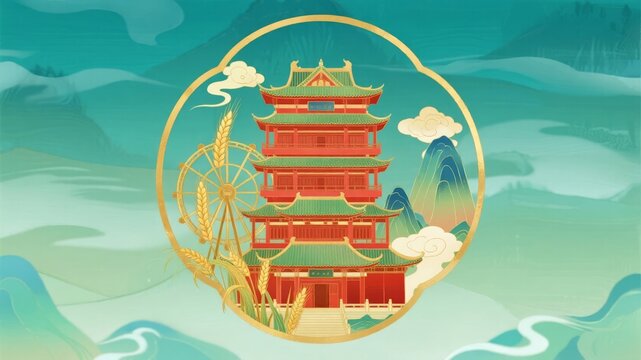 Bamboo frame round window ink painting Jiangnan pavilion lake evening scene