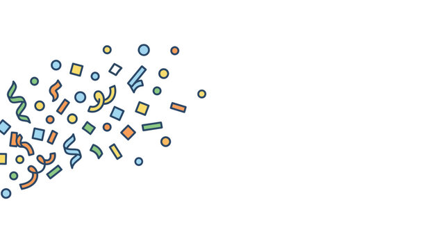 Colorful party confetti scattered on a clean white background.