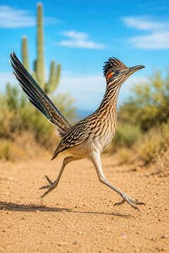 Roadrunner Running Through Desert With Cactus Background