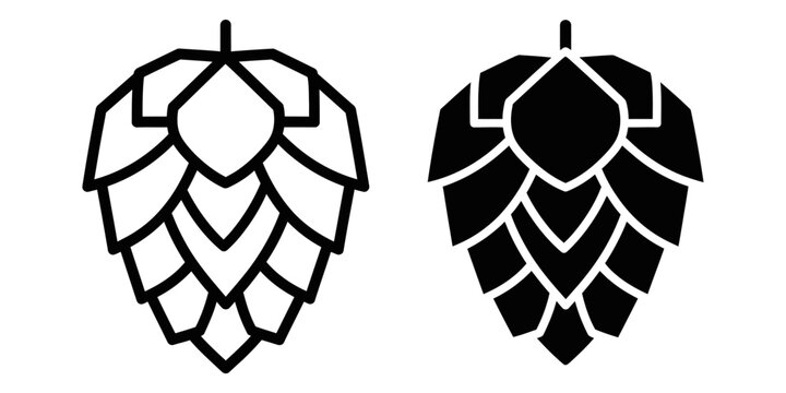 Line drawing and solid silhouette of a hop cone on a white background