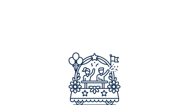 A line art illustration of a festive parade float featuring two people waving.