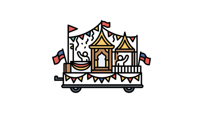 A colorful festive parade float decorated with flags and bunting featuring two people waving.