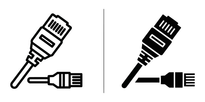 Ethernet cable connectors in line art and solid black style on white background