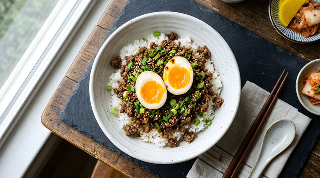 A hearty Korean donburi style meal with savory minced meat and perfectly soft-boiled eggs, ideal for detailed 3D GIS Terrain DEM DSM analysis and visualization