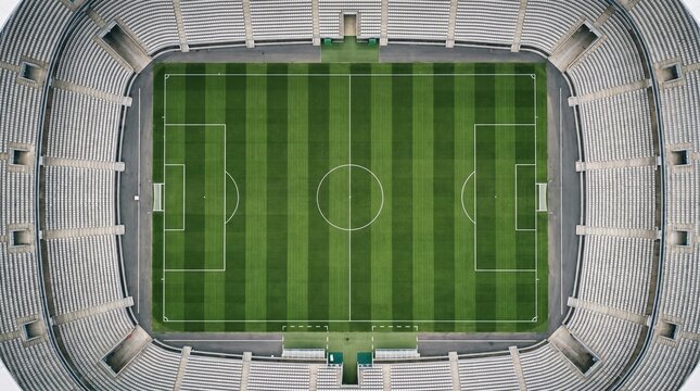 Top down aerial view of empty professional soccer stadium