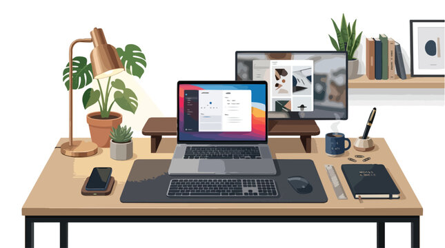 Modern home office workspace with laptop and dual monitor setup.