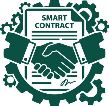 Smart contract automation solid single color flat vector icon hand shaking inside digital legal document gear mechanism automated silhouette isolated white