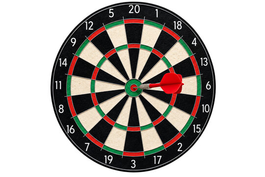 Red dart hitting the bullseye on a professional dartboard, symbolizing success