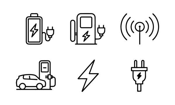 Charging web icons in line style. Charging, charging station, battery, electricity, wireless charging, electric car, collection.