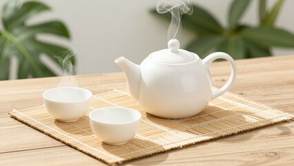Fototapeta premium A serene tea setup featuring a white ceramic teapot and two matching cups emitting steam, placed on a woven bamboo mat atop a wooden table with green leaves in the background.