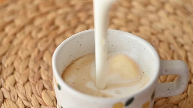 Frothed white milk pouring into a cup of dark coffee, creating beautiful swirl pattern