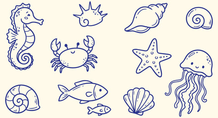 Hand drawn sea creature doodle collection with seahorse crab fish jellyfish shells and starfish for marine wildlife education coastal themes and underwater illustrations © jonty