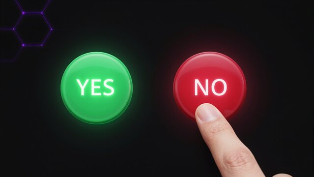 A finger presses a red button labeled 'NO' next to a green 'YES' button on a dark background. Decision Making and Choice Concept