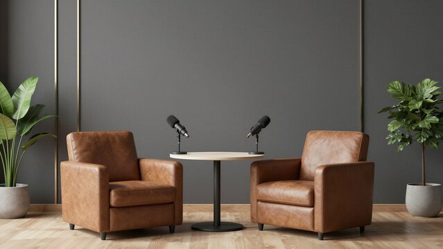 Two brown leather armchairs face each other across a small table with microphones, set against a modern gray wall with potted plants.Podcast recording studio setup