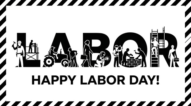 Labor day typography with workers and tools illustration