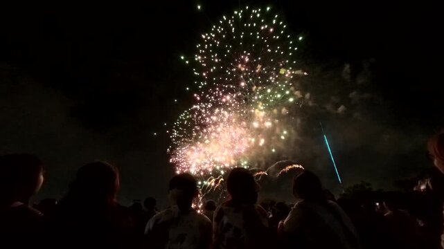 TOKYO, JAPAN - MAY 2026 : View of fireworks and back shot of people. Japanese summer season and festival concept video.